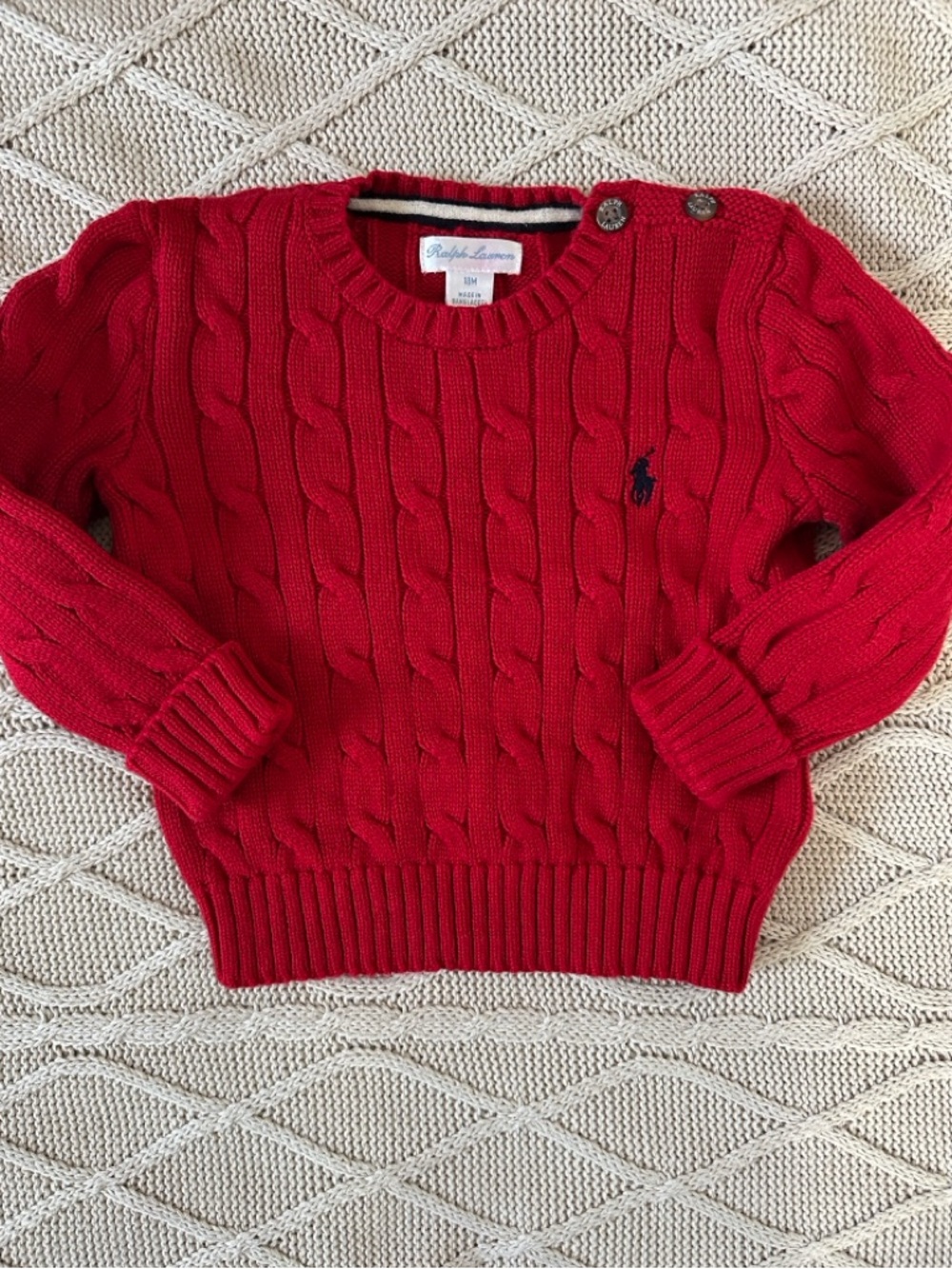 Baby Ralph Lauren Bright Red Cable Knit Crew Sweater